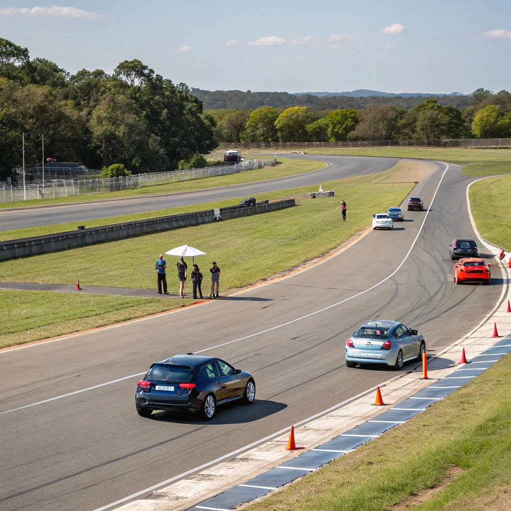 Driving students practicing on a road track